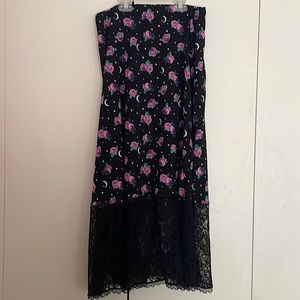 Hot Topic Maxi Skirt with Moon and Rose Print and Lace Bottom